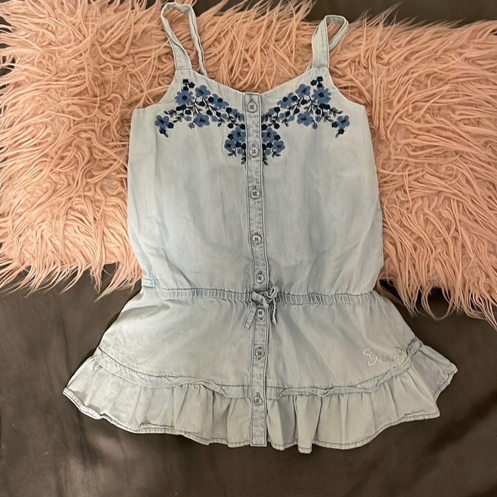 Guess kids , denim dress with embroidered top and ruffle skirt size 6X